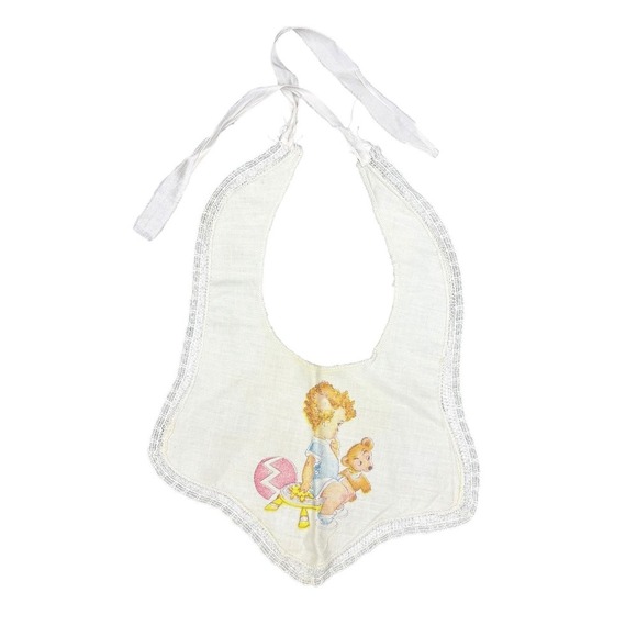 Other - Vintage Antique Baby Bib Embroidered Child Playing with Teddy Bear Lace Trim